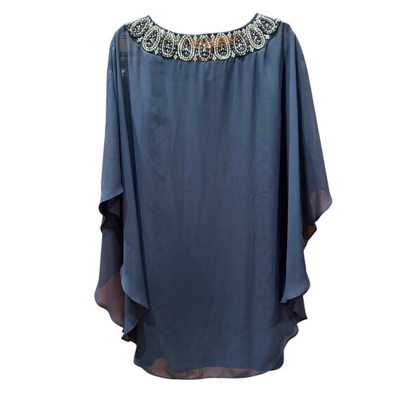 Xscape 10 Beaded Chiffon Mini Dress | Navy Blue Silver Wedding Guest Cocktail - Picture 5 of 6